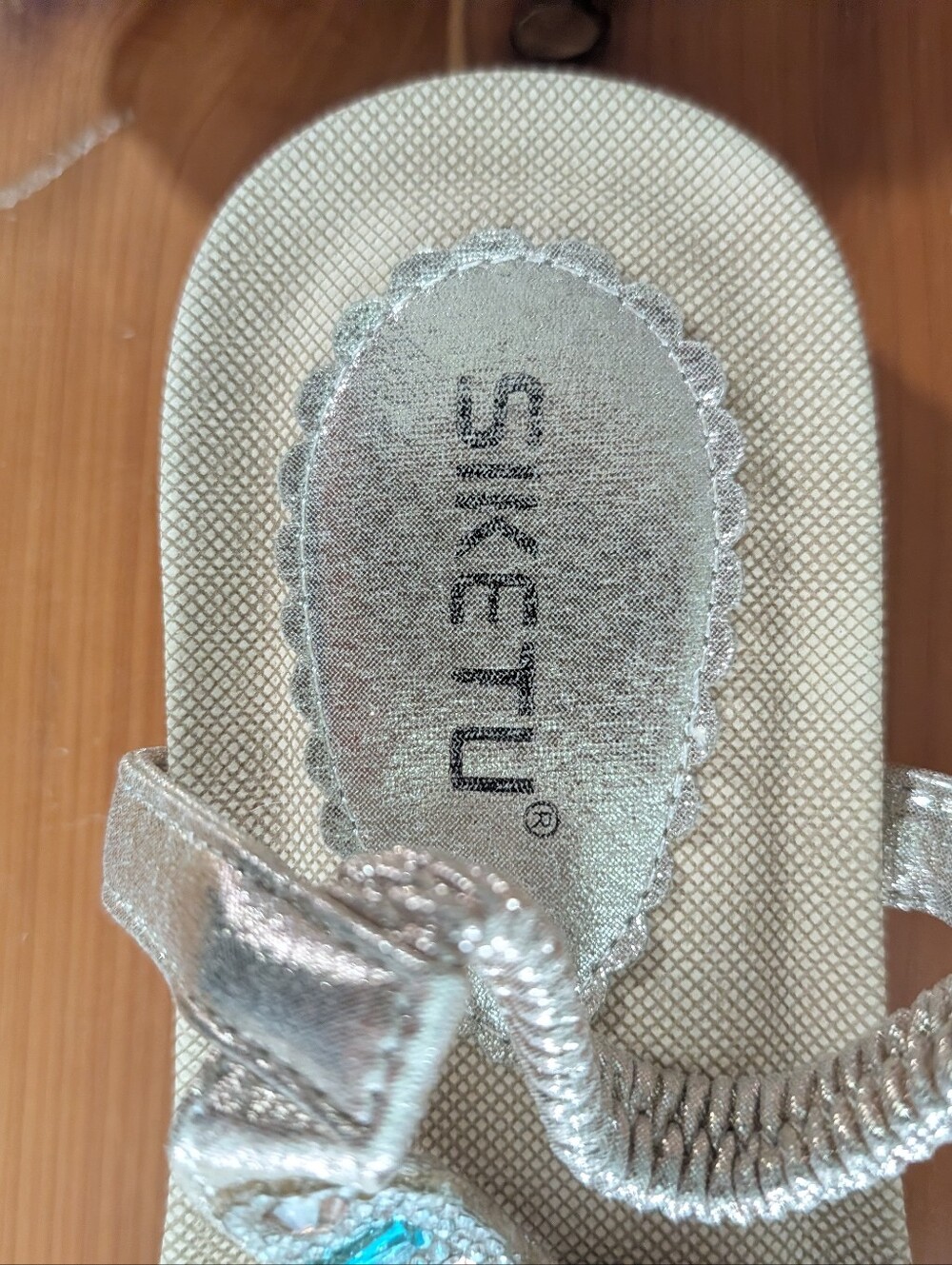Metallic Gold T-Strap Sandals with Blue and Pink Gem Accents - Picture 4 of 4